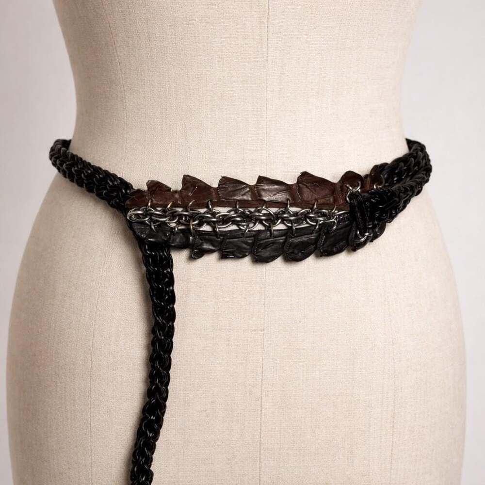 Avant-Garde Braided Leather statement Belt Women Black Brown Croc edgy vintage